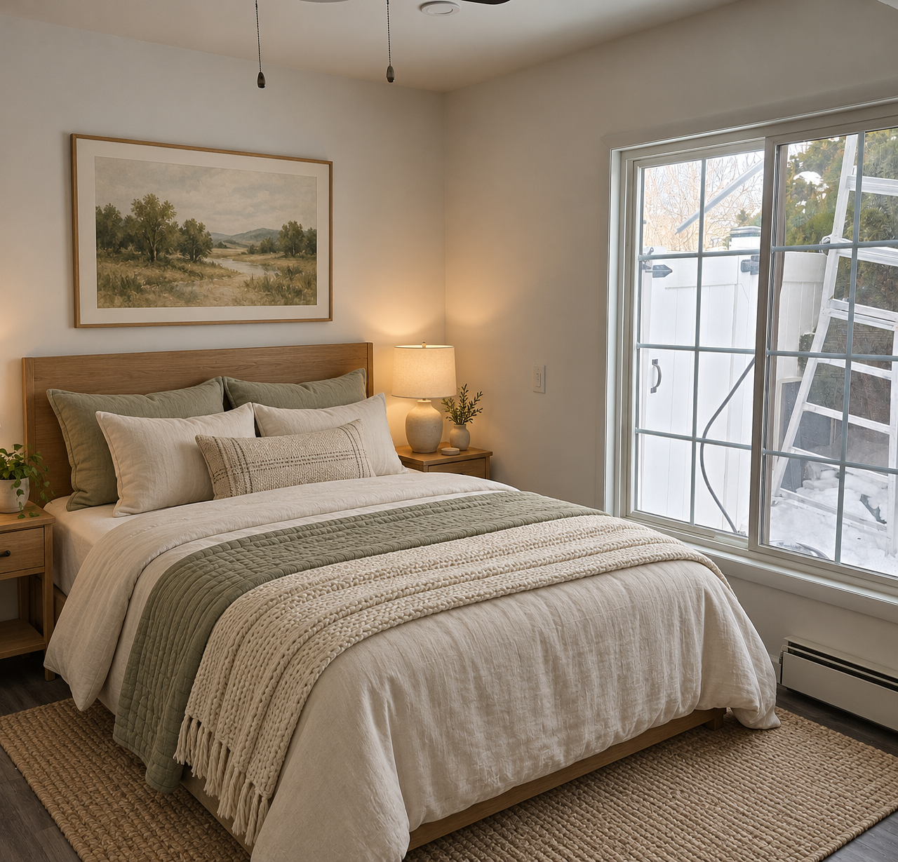 Virtual staging concept of the two-bedroom bedroom with illustrative furniture and lighting
